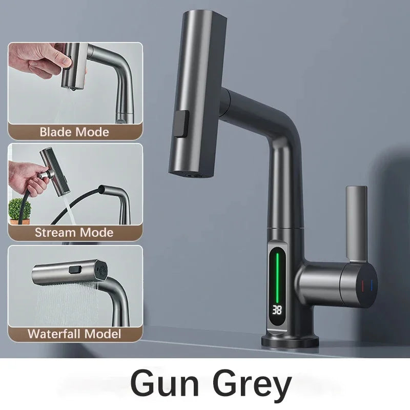 Waterfall Pull Out Kitchen Faucet White Intelligent Digital Display Cold Hot Mixer Taps Rotatable Sink Lifting Basin Faucet