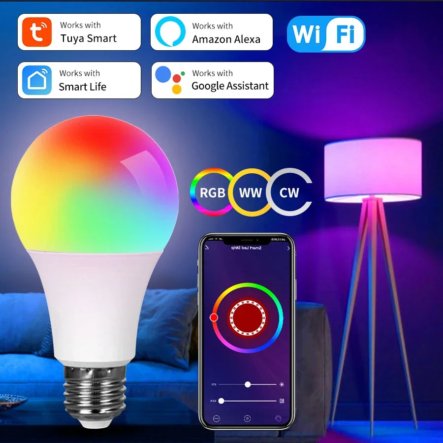 لمبة LED ذكية واي فاي RGB بالتحكم الصوتي وعبر التطبيق، مؤقت عمل مع المنزل، لمبة إضاءة قابلة للتعتيم لديكور المنزل