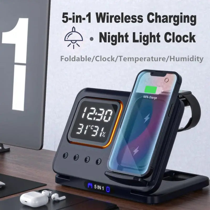 حامل شاحن لاسلكي جديد قابل للطي 5 في 1، محطة إرساء شحن سريع مع ساعة منبه رقمية LED 5 في 1 لهاتف آيفون 15 و14 وساعة أبل 8
