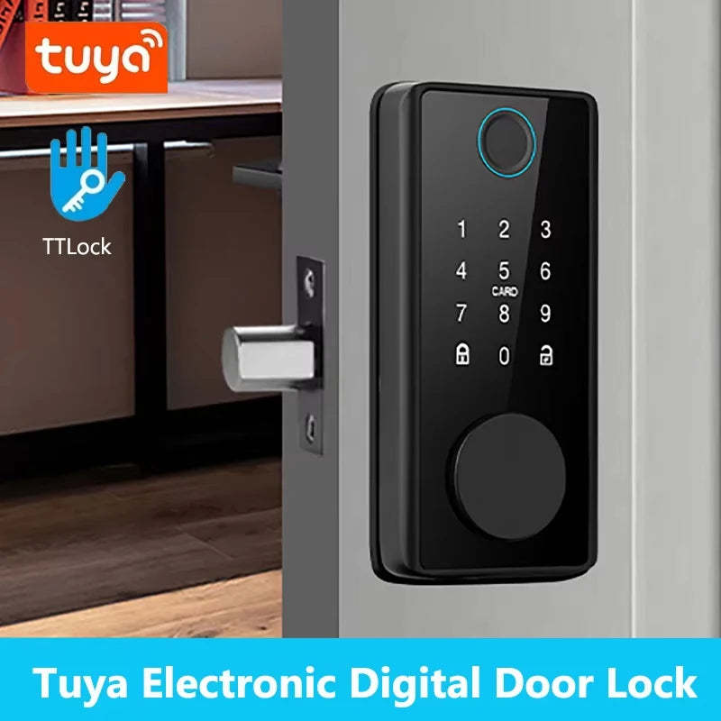 قفل باب ذكي Tuya WiFi، دخول بدون مفتاح، بصمة إصبع، قفل رقمي إلكتروني، فتح عن طريق تطبيق TTlock/كلمة مرور/بطاقة IC للأبواب الخشبية