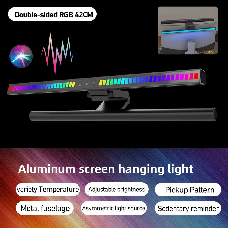 شريط إضاءة لشاشة الكمبيوتر RGB، مصابيح معلقة للشاشة بإيقاع الموسيقى، مصباح مكتبي قابل للتعتيم، إضاءة طاولة للقراءة والألعاب