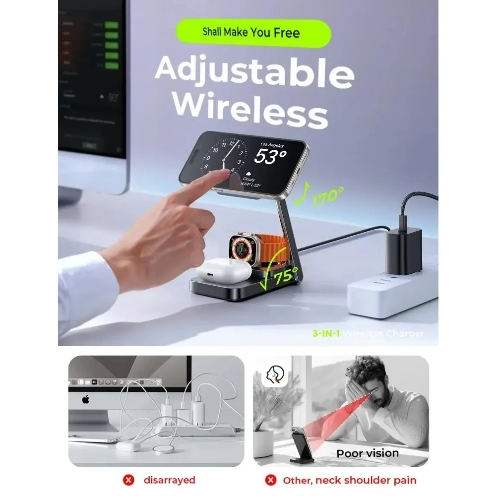 قاعدة شحن لاسلكية LISEN بقدرة 15 واط لشاحن MagSafe، قاعدة شحن محمولة 3 في 1 لساعة iPhone Watch S1-s9 Ultra AirPads