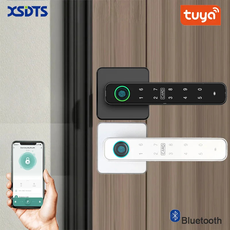 XSDTS قفل باب ذكي Tuya مقبض بصمة الإصبع بطاقة مفتاح قفل باب رقمي لوحة مفاتيح دخول إلكتروني للمنزل شقة