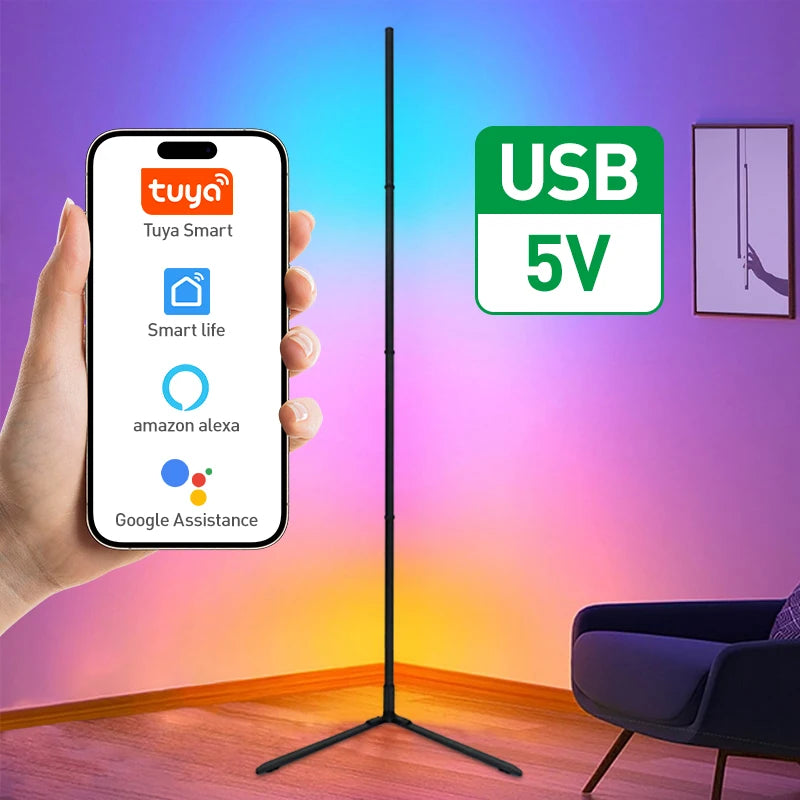 Smart RGBIC Corner Floor Lamp Adjustable Colors Effects Tuya App & Remote Control Atmospheric Standing Light for Home