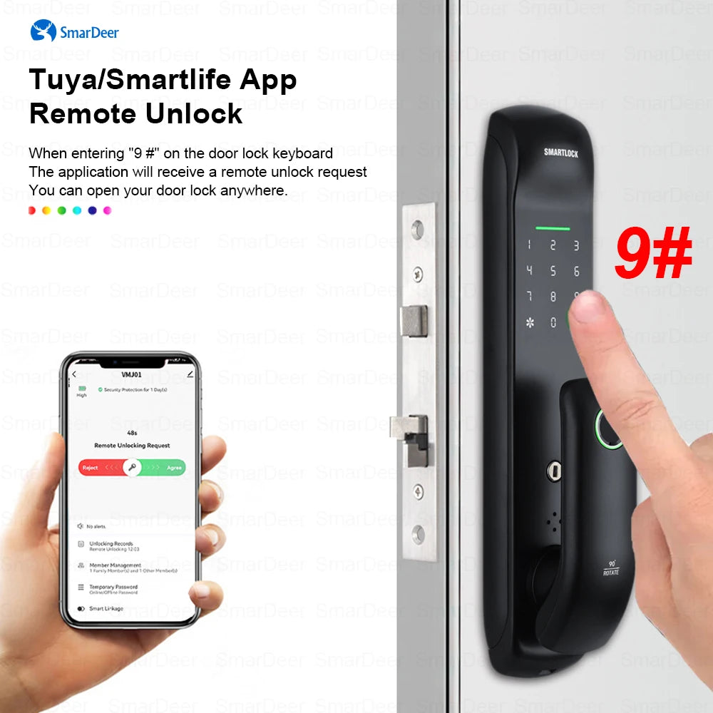 قفل SmarDeer الإلكتروني لقفل Tuya الذكي ببصمة الإصبع البيومترية، قفل رقمي بخاصية الدخول بدون مفتاح 5 في 1 مع رمز