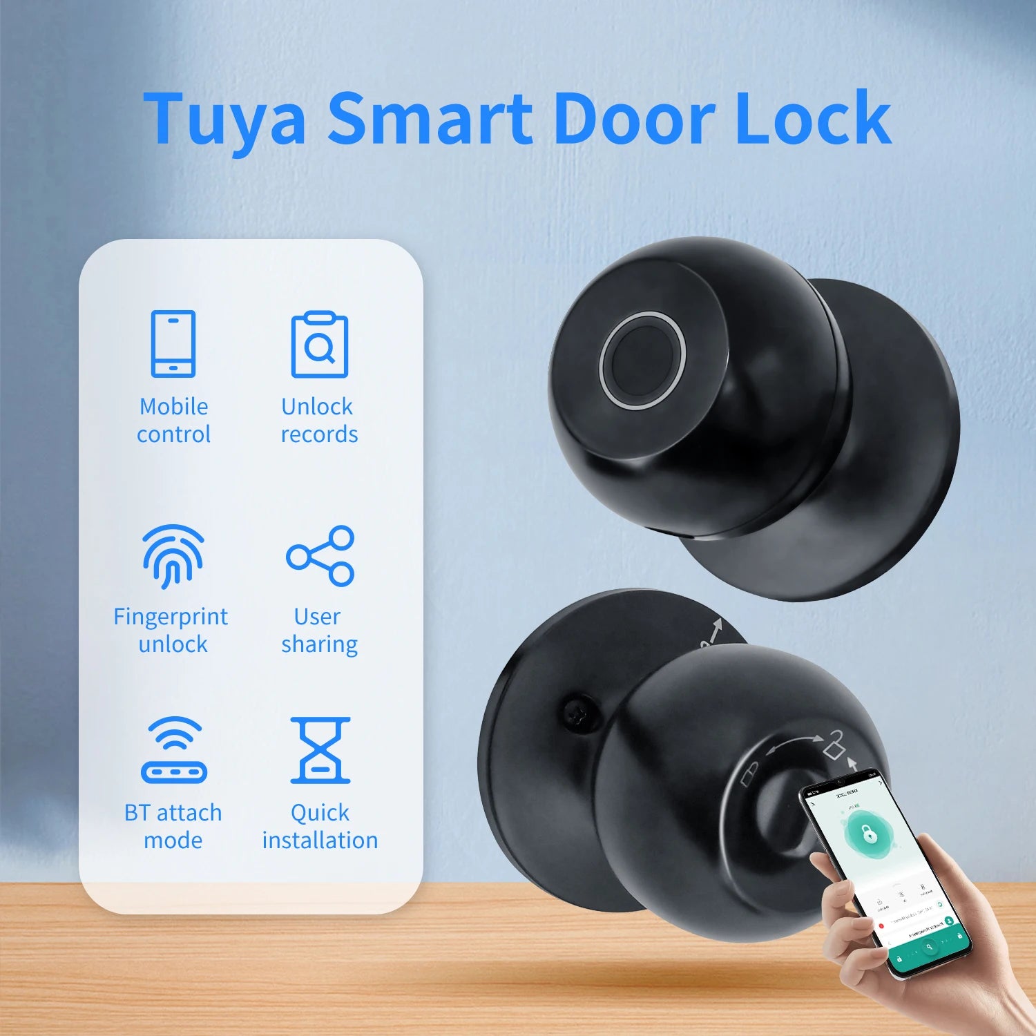قفل باب ذكي ببصمة الإصبع وفتح بالمفتاح بتقنية البلوتوث من منتجات Tuya Smart Life لأمان دخول المنزل والشقة