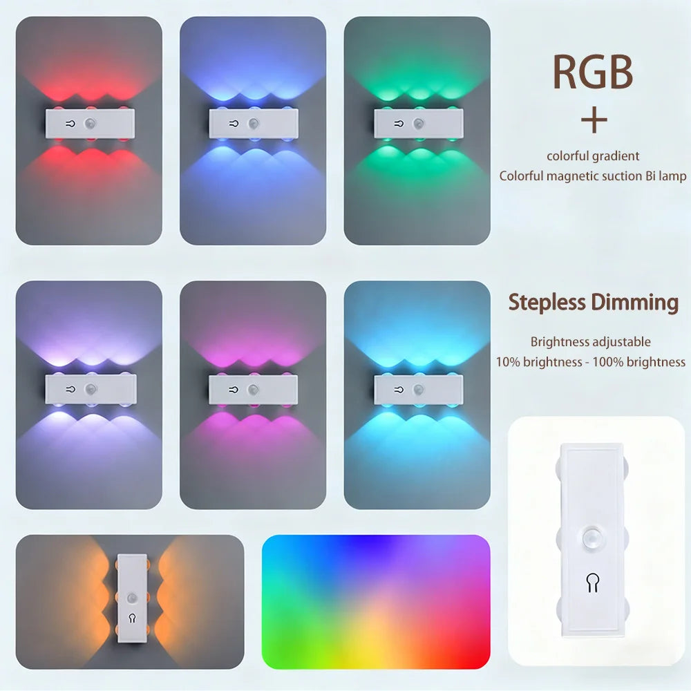 مصباح ليلي ذكي بتدرج ألوان RGB، مصباح خزانة برأسين، مستشعر حركة مغناطيسي قابل لإعادة الشحن، مصباح حائط لديكور غرفة النوم والخزانة