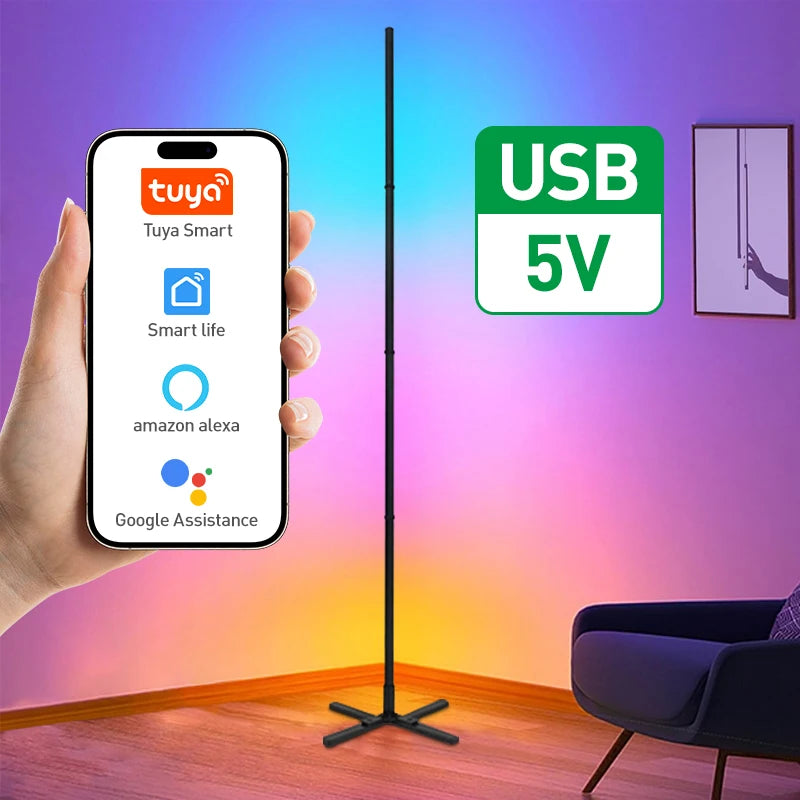 Smart RGBIC Corner Floor Lamp Adjustable Colors Effects Tuya App & Remote Control Atmospheric Standing Light for Home