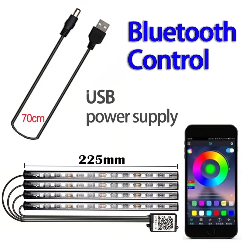 شريط إضاءة LED موسيقي للسيارة 48 مصباح ليد، تحكم ذكي عبر تطبيق بلوتوث USB، شريط إضاءة محيطية للسيارة داخلي مقاوم للماء متعدد الألوان RGB