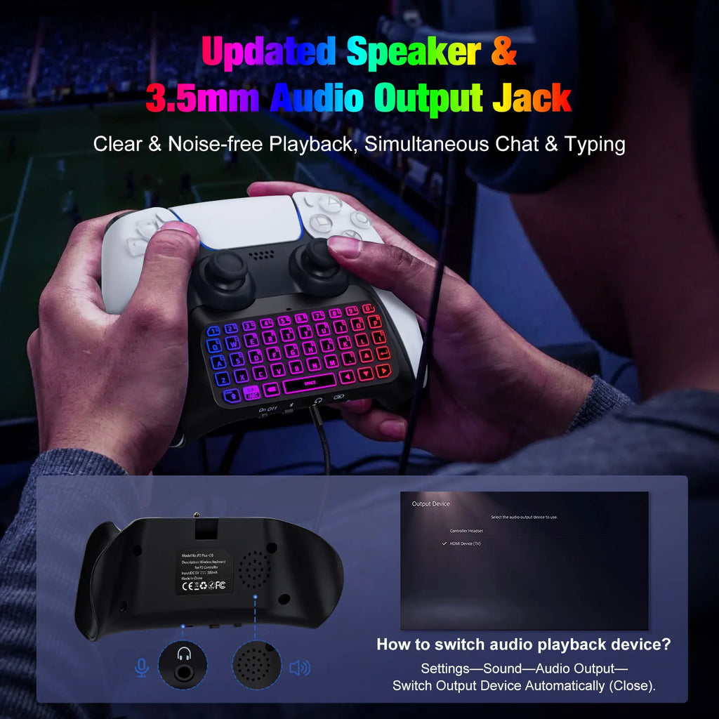 لوحة مفاتيح بإضاءة خلفية RGB لجهاز تحكم PS5، لوحة دردشة لاسلكية صغيرة تعمل بالبلوتوث لجهاز بلايستيشن 5 مع مكبر صوت مطور