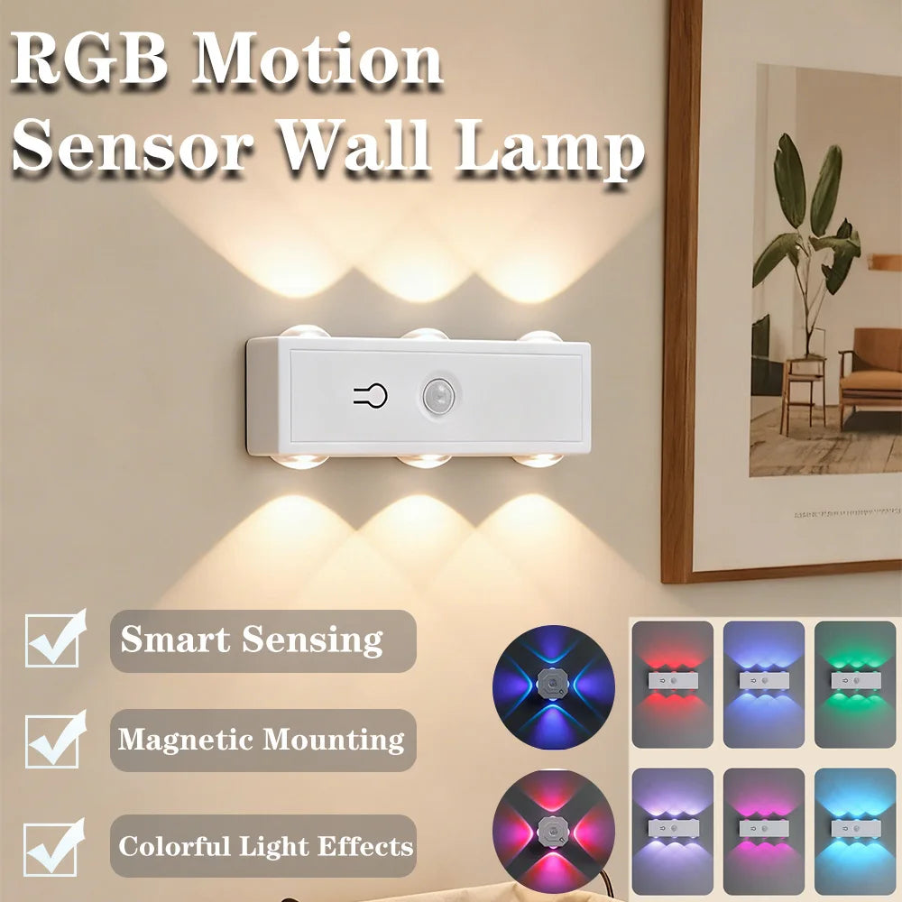 مصباح ليلي ذكي بتدرج ألوان RGB، مصباح خزانة برأسين، مستشعر حركة مغناطيسي قابل لإعادة الشحن، مصباح حائط لديكور غرفة النوم والخزانة