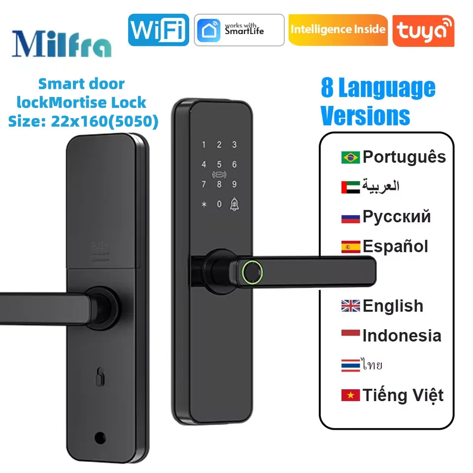 قفل باب ذكي من Tuya يعمل بتقنية Wifi مع بصمة بيومترية/بطاقة IC/كلمة مرور/فتح بالمفتاح/تحكم عن بعد/شحن طوارئ USB