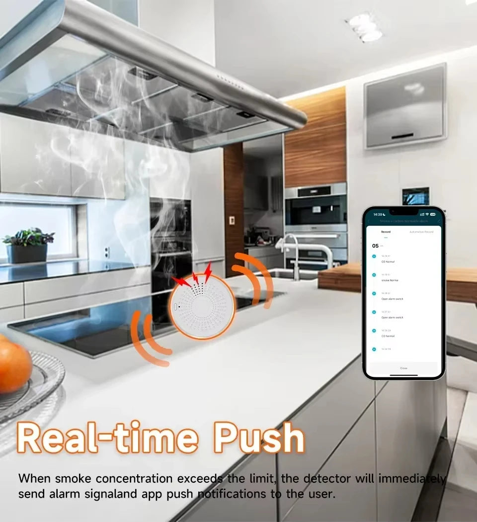 كاشف أول أكسيد الكربون والدخان المدمج من Tuya WiFi مستشعر إنذار تطبيق الحياة الذكية كاشف غاز الأمان من الحرائق 2 في 1