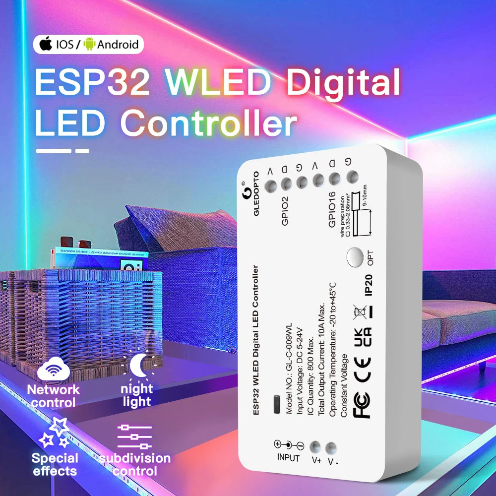 وحدة تحكم شريط رقمي ESP32 WLED RGB RGBW تدعم شرائط WS2811 SK6812 SM16703P WS2812B وتطبيقات الويب وMQTT وHome Assistant Automation