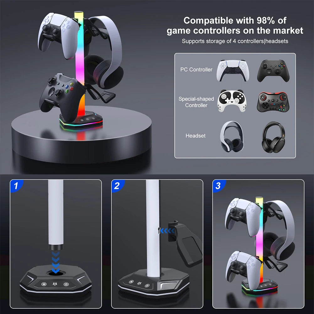 حامل جهاز تحكم RGB لأجهزة PS5/XBOX، مع 9 أوضاع إضاءة وحامل سماعات رأس للمكتب، وحامل سماعات رأس وخطاف تحكم قابل للفصل