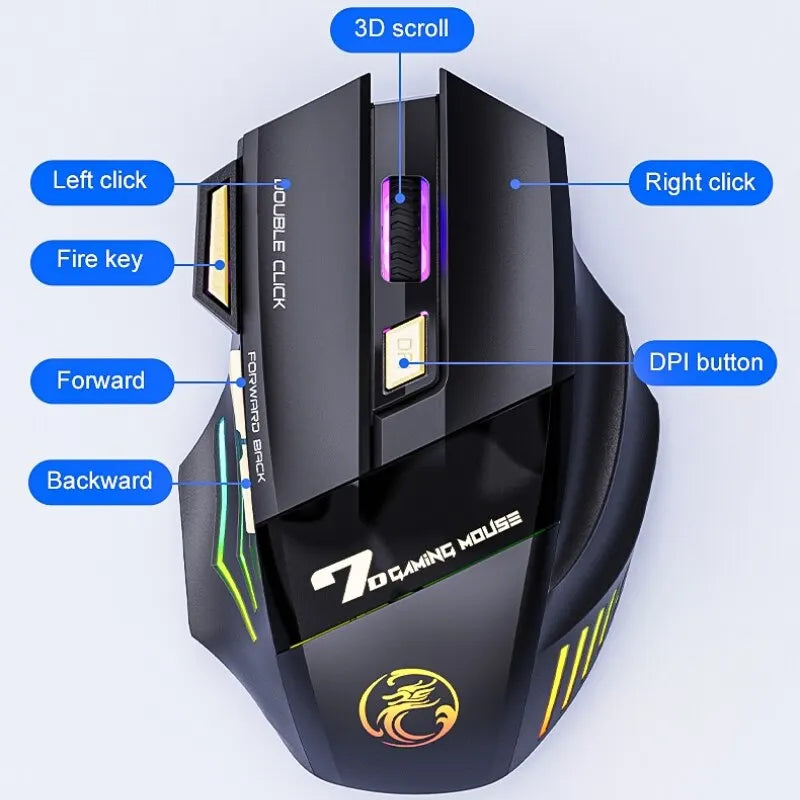 ماوس ألعاب لاسلكي USB IMICE GW-X7 3200DPI وضع مزدوج قابل لإعادة الشحن 7 مفاتيح 2.4 جيجاهرتز ماوس صامت بلوتوث 7 ألوان LED متوهج