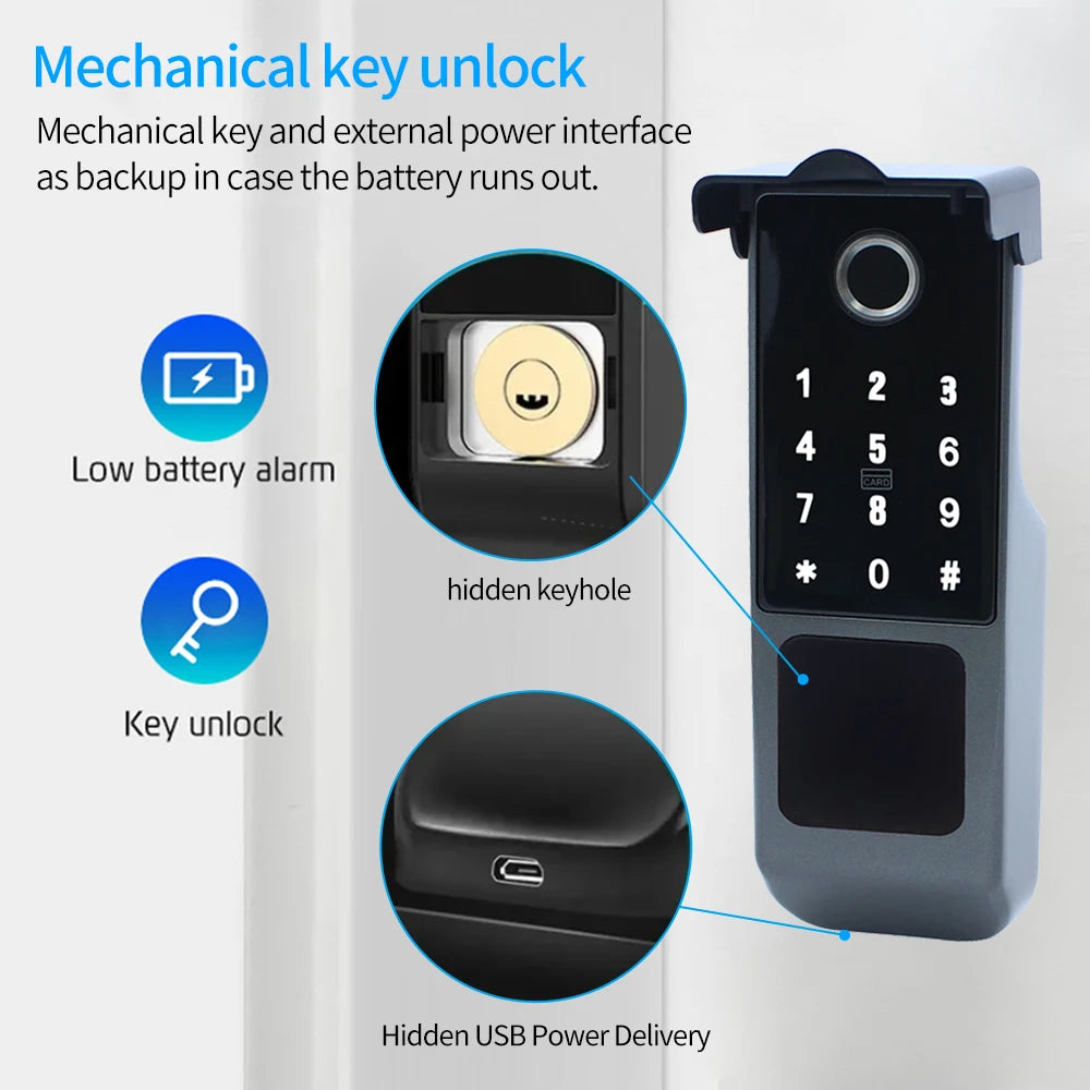 قفل ذكي خارجي مقاوم للماء مع لوحة مفاتيح رقمية للتحكم عن بعد، أمن حيوي Tuya/TTLOCK لباب البوابة