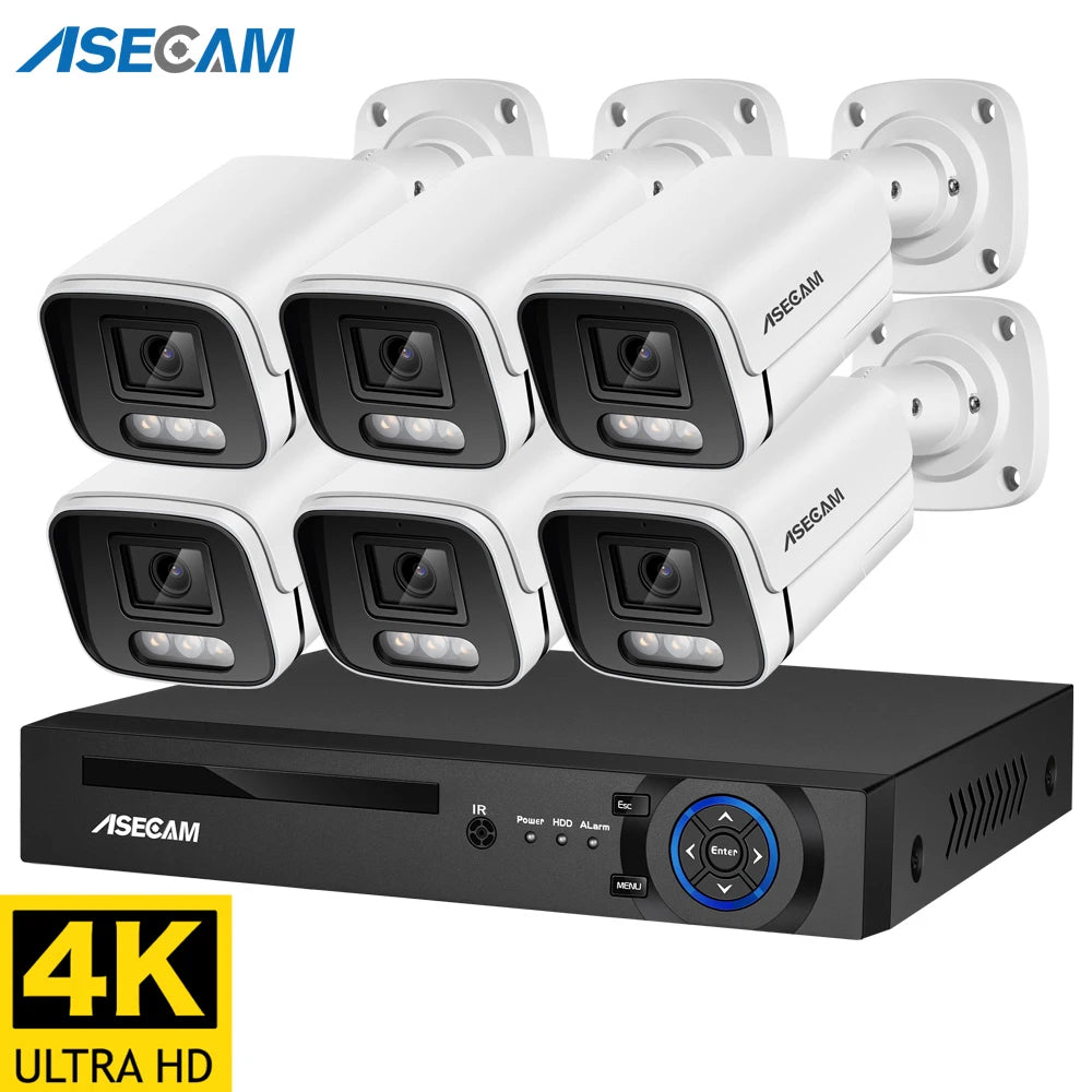 نظام كاميرا مراقبة جديد بدقة 4K ومزود بميكروفون صوتي بدقة 8 ميجابكسل، كاميرا مراقبة تلفزيونية بدارات مغلقة (CCTV POE NVR) مع رؤية ليلية ملونة مدعومة بالذكاء الاصطناعي، مجموعة كاميرات مراقبة منزلية خارجية