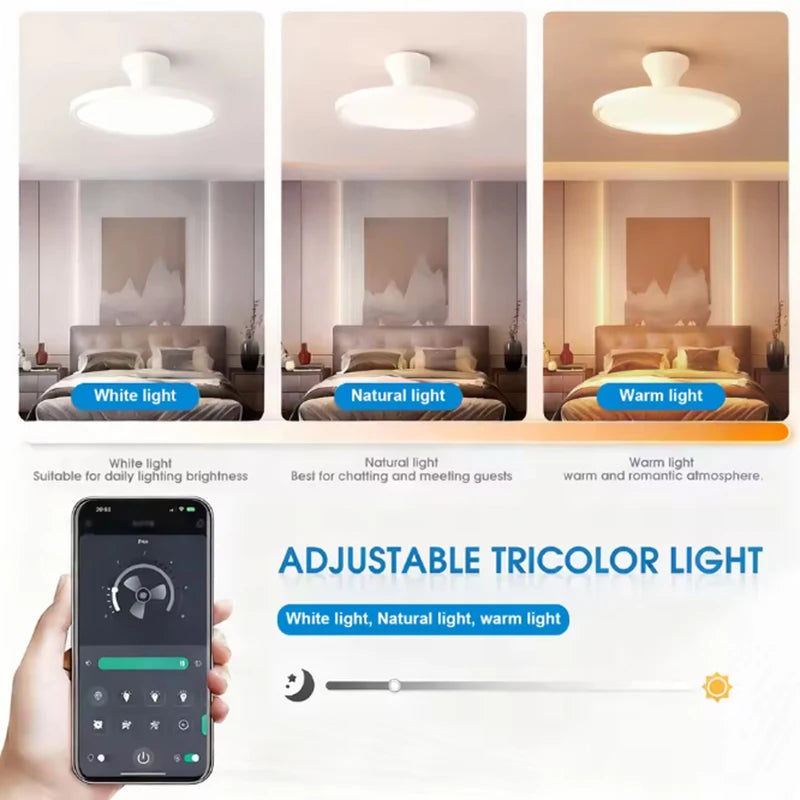 مروحة سقف ذكية عصرية غير مرئية مزودة بإضاءة LED ومحرك DC حجم هواء كبير وجهاز تحكم عن بعد لغرفة النوم وغرفة الطعام