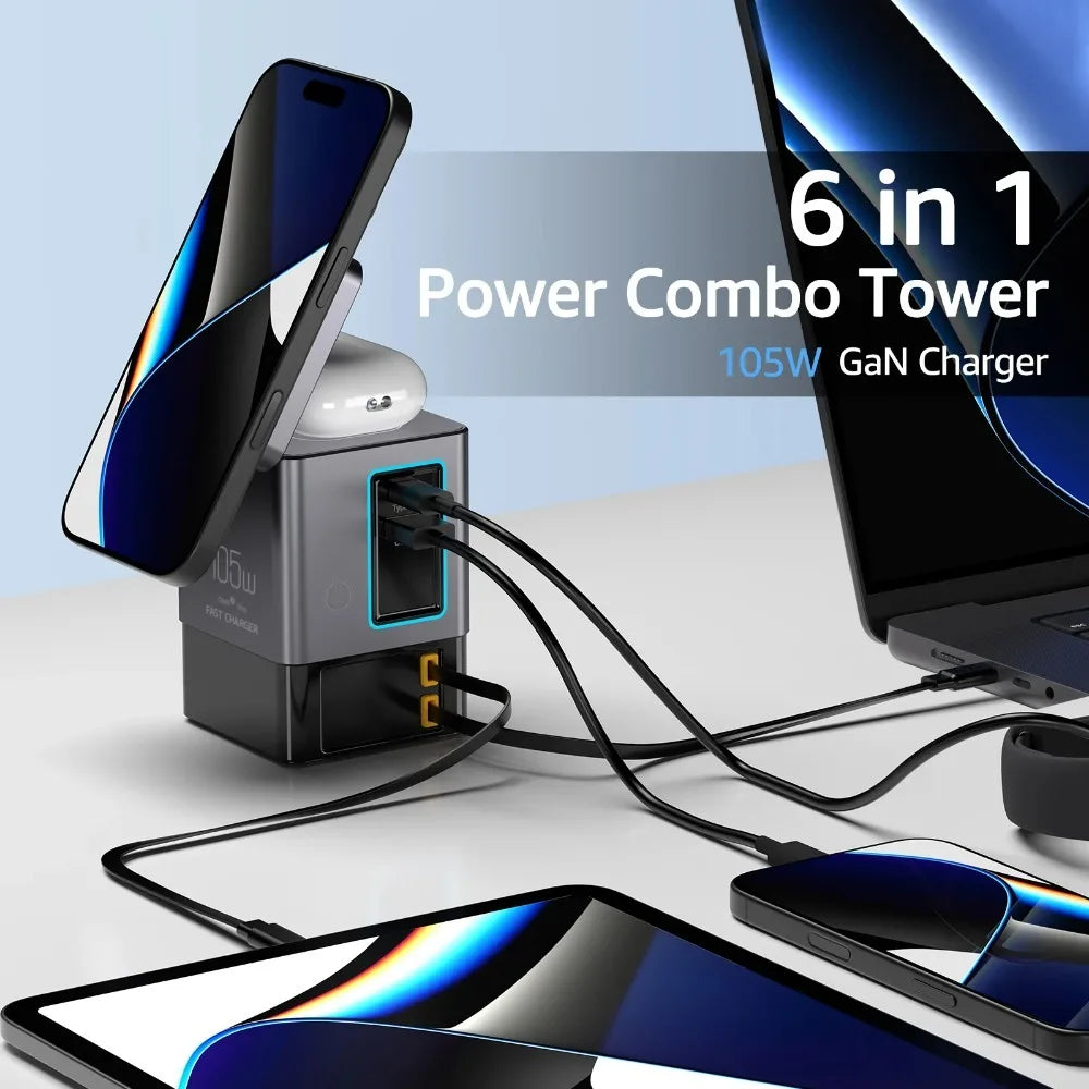 محطة شحن 6 في 1 مع كابل USB-C قابل للسحب، كومبو باور تاور 105 واط لأجهزة متعددة، شاحن سريع للآيفون والآيربود