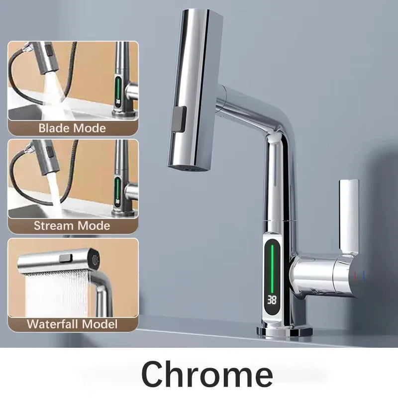 Waterfall Pull Out Kitchen Faucet White Intelligent Digital Display Cold Hot Mixer Taps Rotatable Sink Lifting Basin Faucet