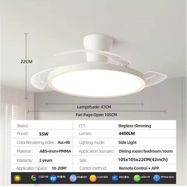 مروحة سقف ذكية عصرية غير مرئية مزودة بإضاءة LED ومحرك DC حجم هواء كبير وجهاز تحكم عن بعد لغرفة النوم وغرفة الطعام