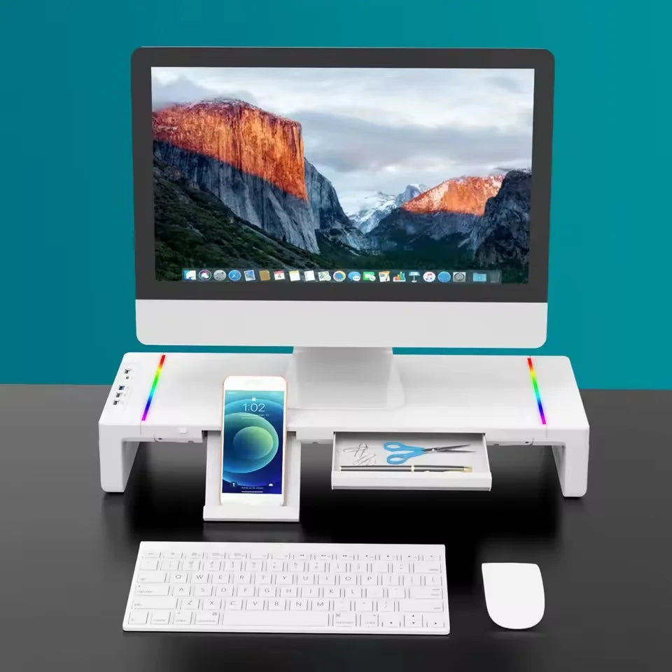 حامل شاشة كمبيوتر متعدد الوظائف مع إضاءة RGB وواجهة شحن سريع، ورف مكتبي قابل لتعديل الارتفاع
