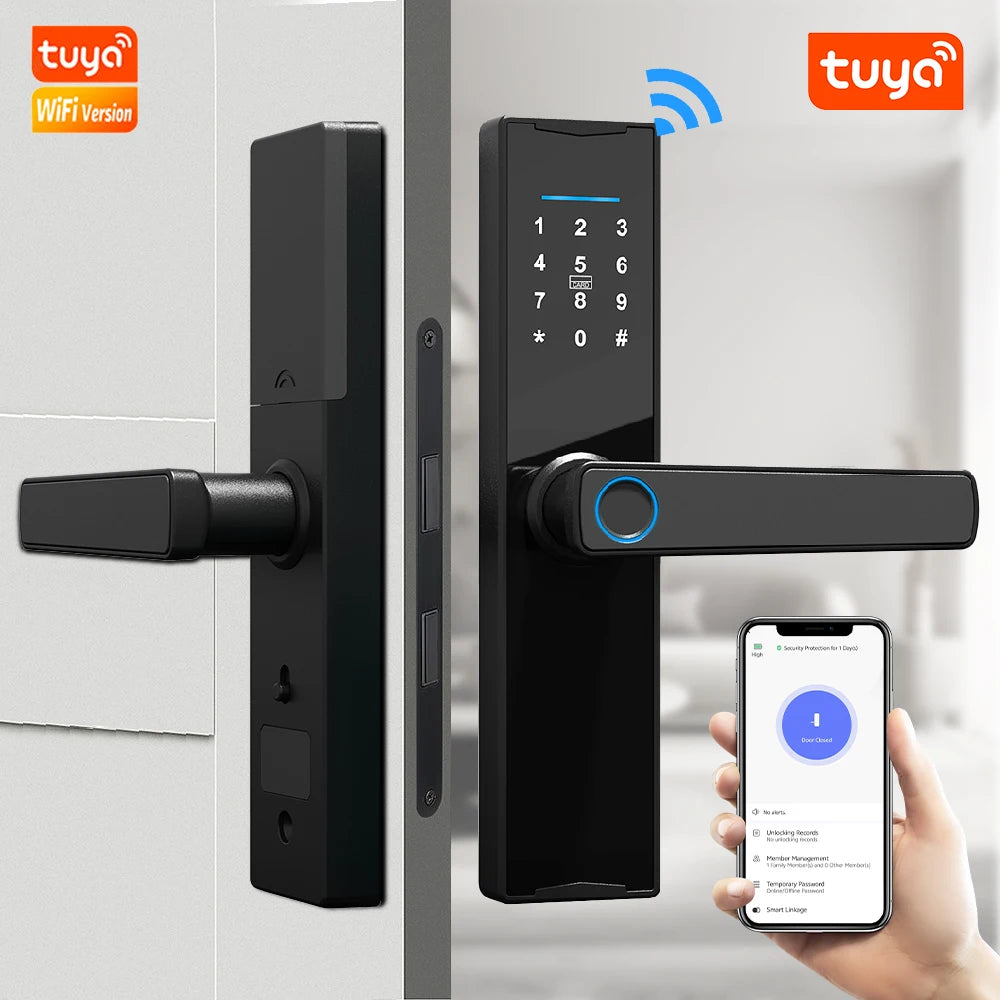 قفل باب ذكي مع واي فاي Tuya APP قفل إلكتروني رقمي لباب خشبي بصمة بيومترية للمنزل الذكي فتح عن بعد